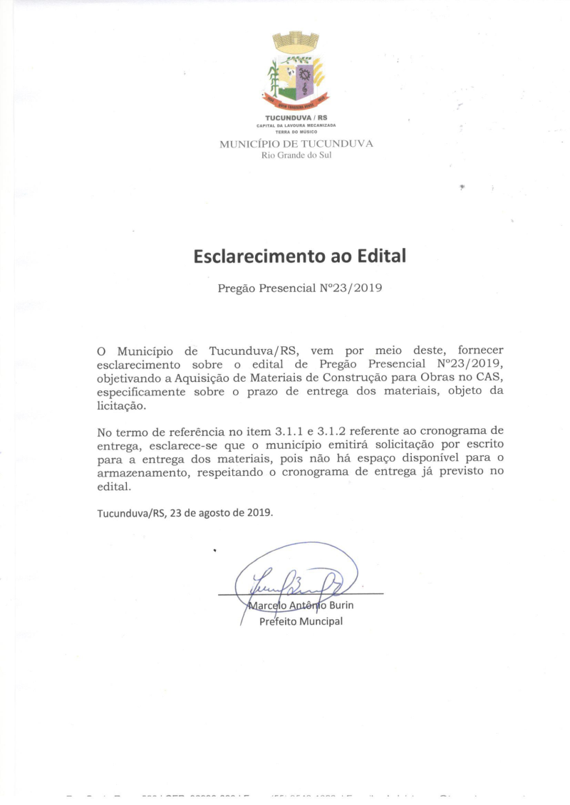 ESCLARECIMENTO AO EDITAL PP Nº 23/2019